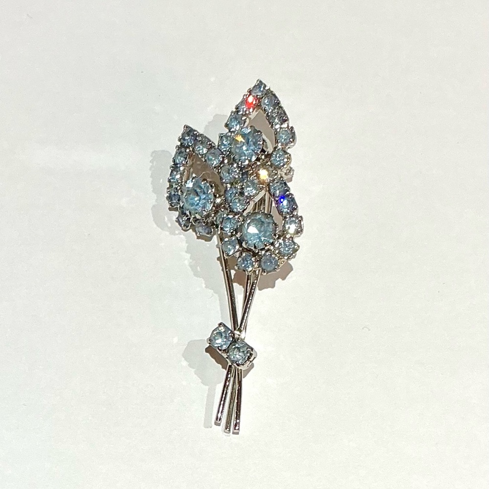Vintage Judy Lee Elegant Silver and Blue Crystal Floral Spray Brooch